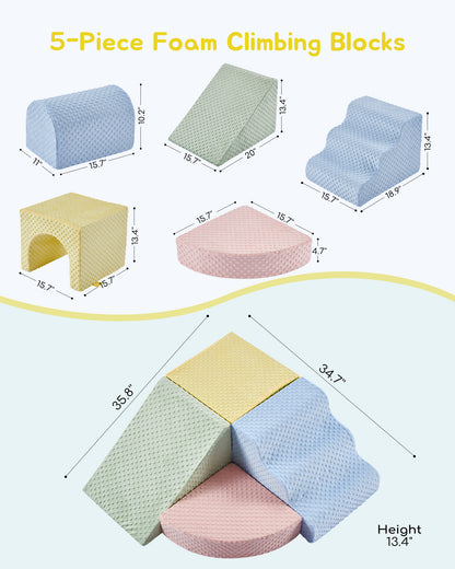 5-Piece Foam Climbing Blocks, Soft Play Set for Toddlers with Steps and Slide, Bubble Dot Minky Washable Cover, Indoor Climbing for Kids