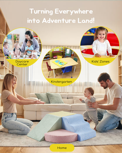 5-Piece Foam Climbing Blocks, Soft Play Set for Toddlers with Steps and Slide, Bubble Dot Minky Washable Cover, Indoor Climbing for Kids