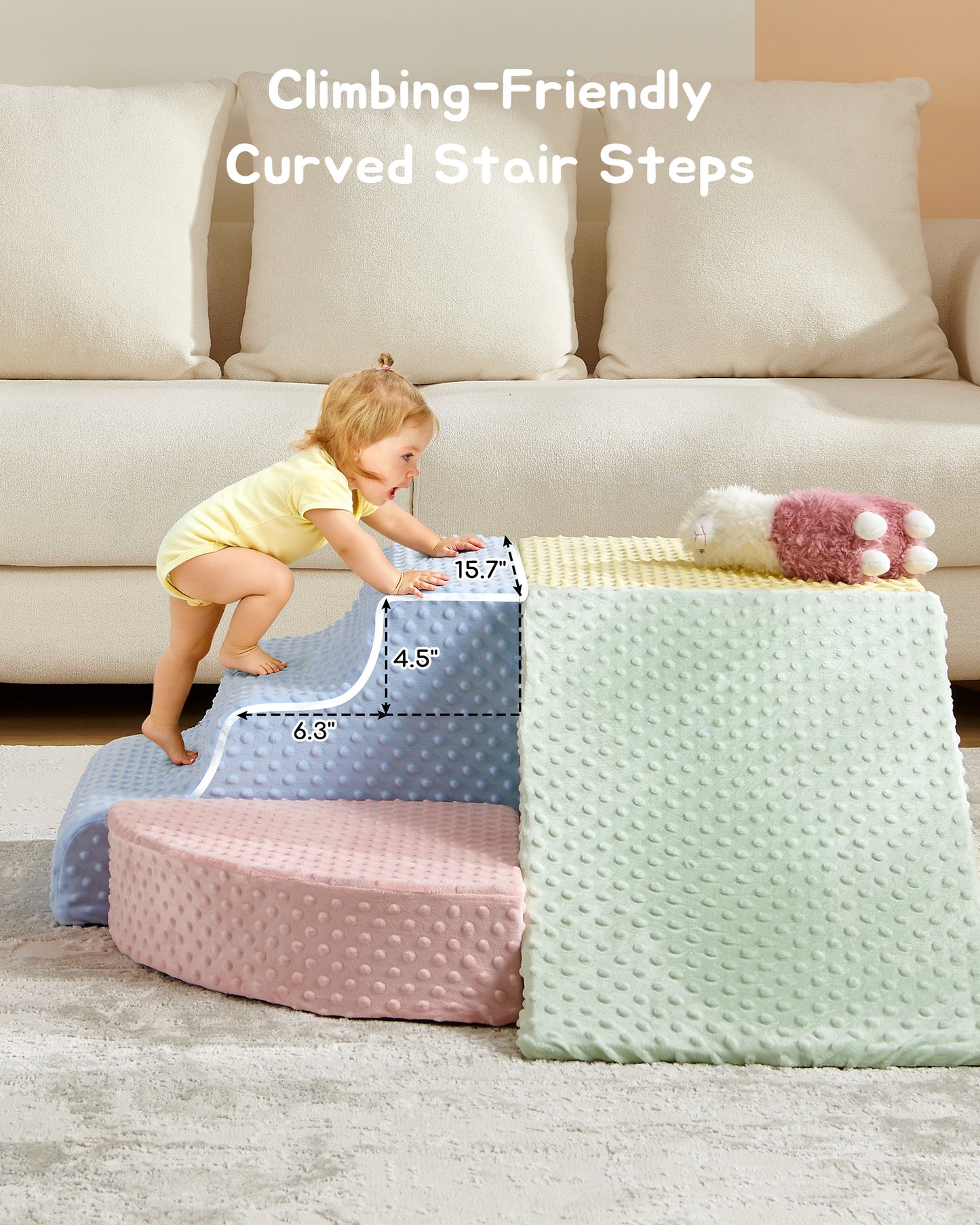 5-Piece Foam Climbing Blocks, Soft Play Set for Toddlers with Steps and Slide, Bubble Dot Minky Washable Cover, Indoor Climbing for Kids
