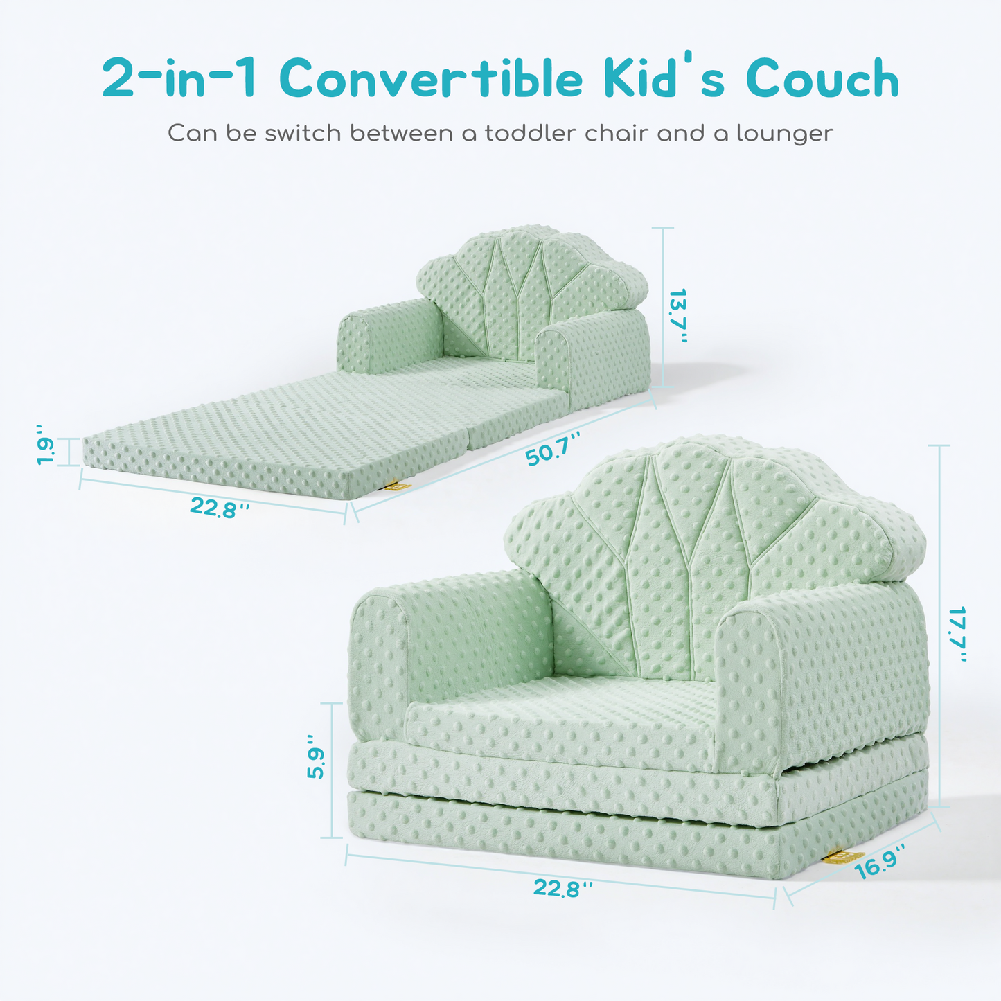 Attababy 2-in-1 Soft Bubble Dot Minky Fold-Out Couch, Convertible Sofa to Lounger for 1-3 Years Old, Kid Furniture for Playroom