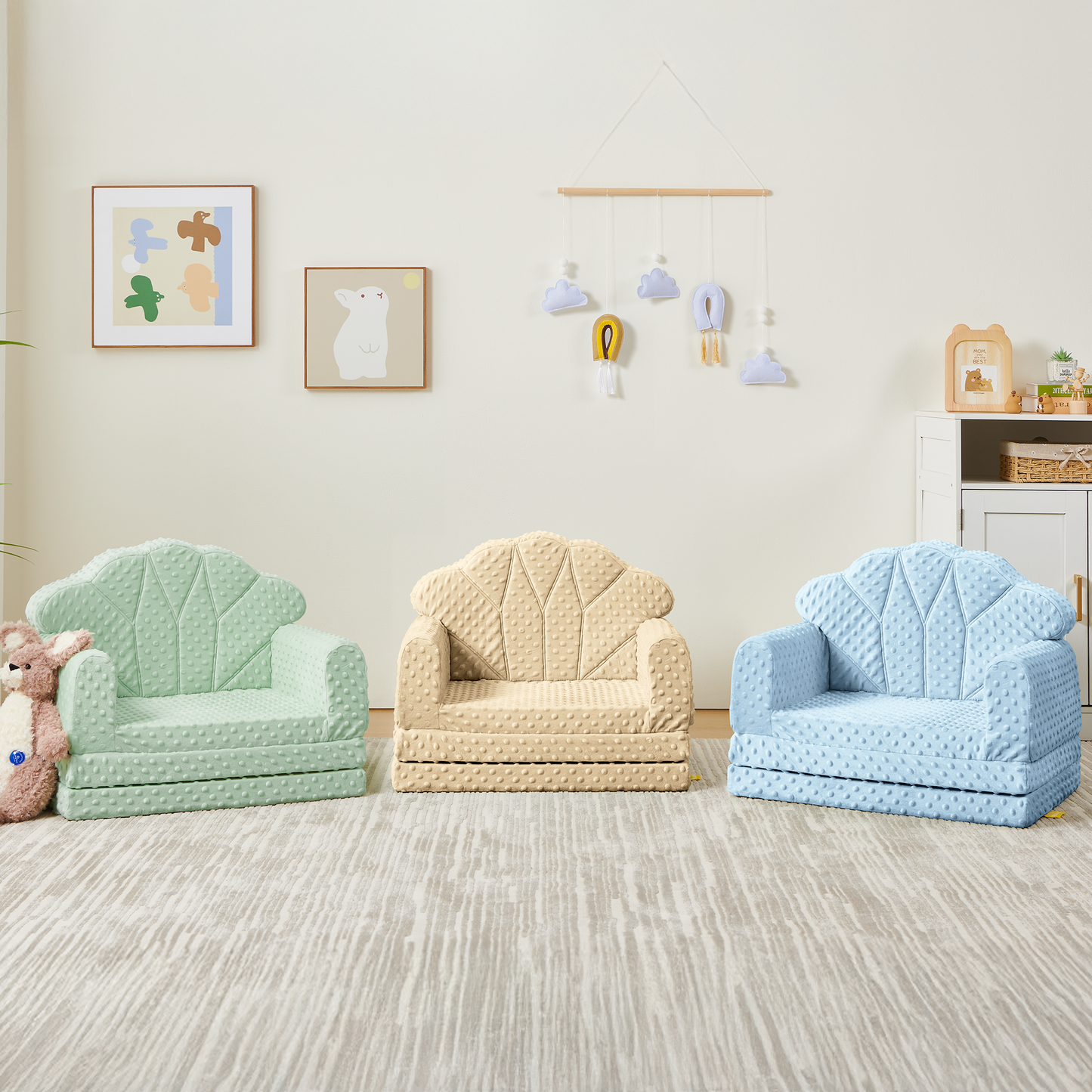 Attababy 2-in-1 Soft Bubble Dot Minky Fold-Out Couch, Convertible Sofa to Lounger for 1-3 Years Old, Kid Furniture for Playroom