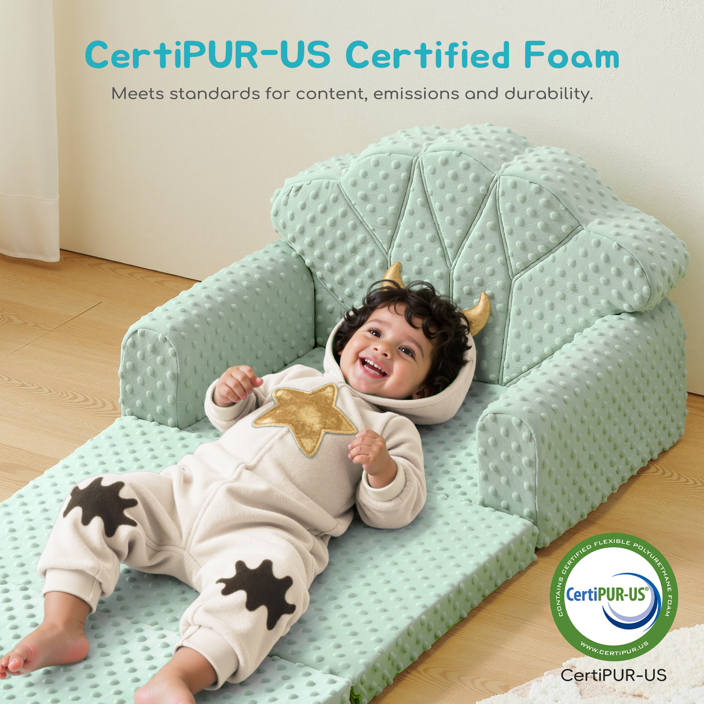 Attababy 2-in-1 Soft Bubble Dot Minky Fold-Out Couch, Convertible Sofa to Lounger for 1-3 Years Old, Kid Furniture for Playroom